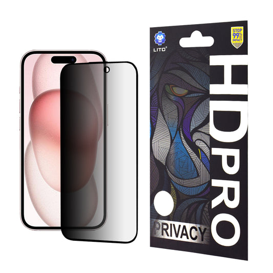Privacy-skjermbeskyttelse Lito HD Pro for Apple iPhone 15, Herdet glass, Full lim