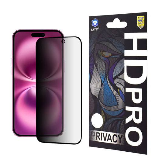 Privacy-skjermbeskytter Lito HD Pro for Apple iPhone 16 Plus, Herdet glass, Full lim