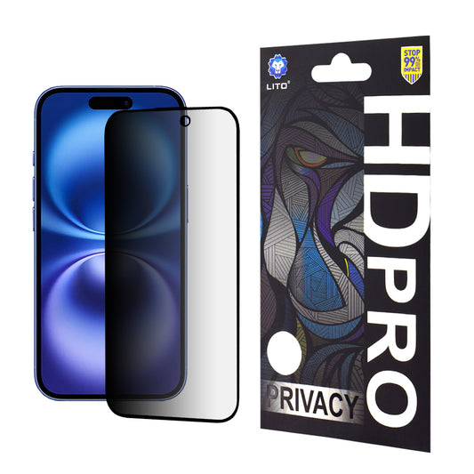 Privacy-skjermbeskytter Lito HD Pro for Apple iPhone 16, Herdet glass, Full lim