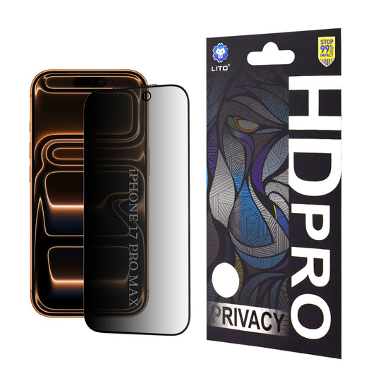 Beskyttelsesfolie Privacy Lito HD Pro for Apple iPhone 17 Pro Max, Herdet Glass, Full Lim