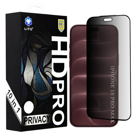 Lito HD Pro Privacy-skjermbeskytter for Apple iPhone 18 Pro Max, herdet glass, full limflate, sett med 10 stk.