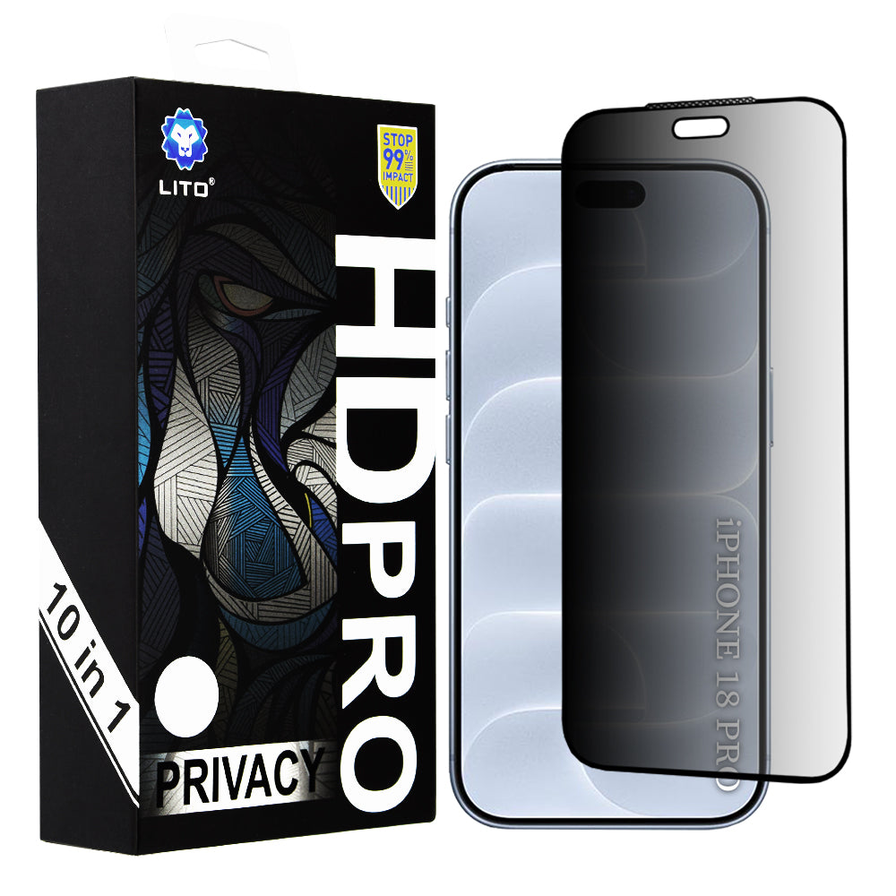 Lito HD Pro Privacy-skjermbeskytter for Apple iPhone 18 Pro, herdet glass, heldekkende lim, sett med 10 stk.