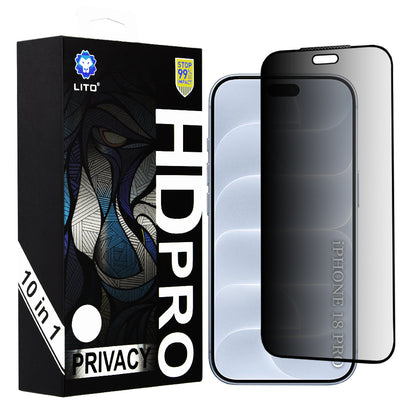 Lito HD Pro Privacy-skjermbeskytter for Apple iPhone 18 Pro, herdet glass, heldekkende lim, sett med 10 stk.
