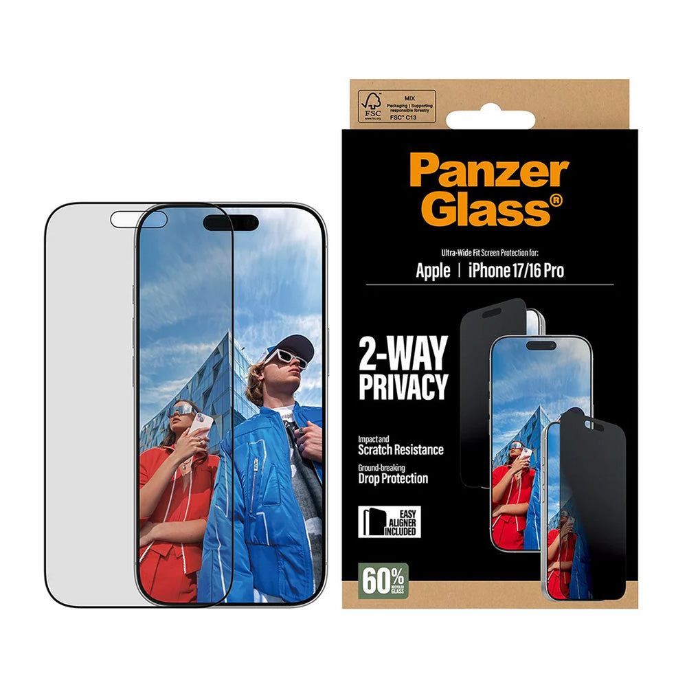 Skjermbeskytter Privacy PanzerGlass Ultra-Wide Fit 2-Way EasyAligner for Apple iPhone 17 / 16 Pro, Herdet glass, Full lim
