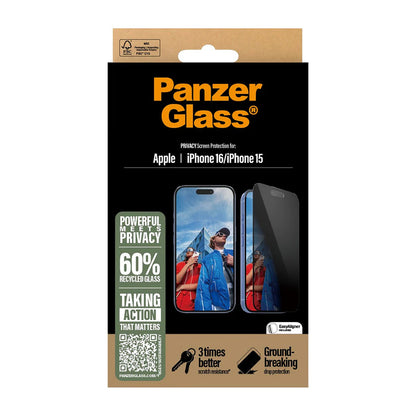 Beskyttelsesfolie Skjerm Privacy PanzerGlass Ultra-Wide Fit EasyAligner for Apple iPhone 16 / 15, Herdet Glass, Full Lim