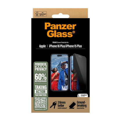 Beskyttelsesfolie for skjerm Privacy PanzerGlass Ultra-Wide Fit EasyAligner for Apple iPhone 16 Plus / 15 Plus, Herdet glass, Full lim