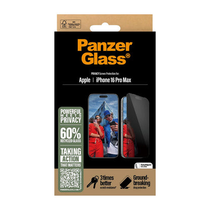 Beskyttelsesfolie Skjerm Privacy PanzerGlass Ultra-Wide Fit EasyAligner for Apple iPhone 16 Pro Max, Herdet Glass, Full Lim