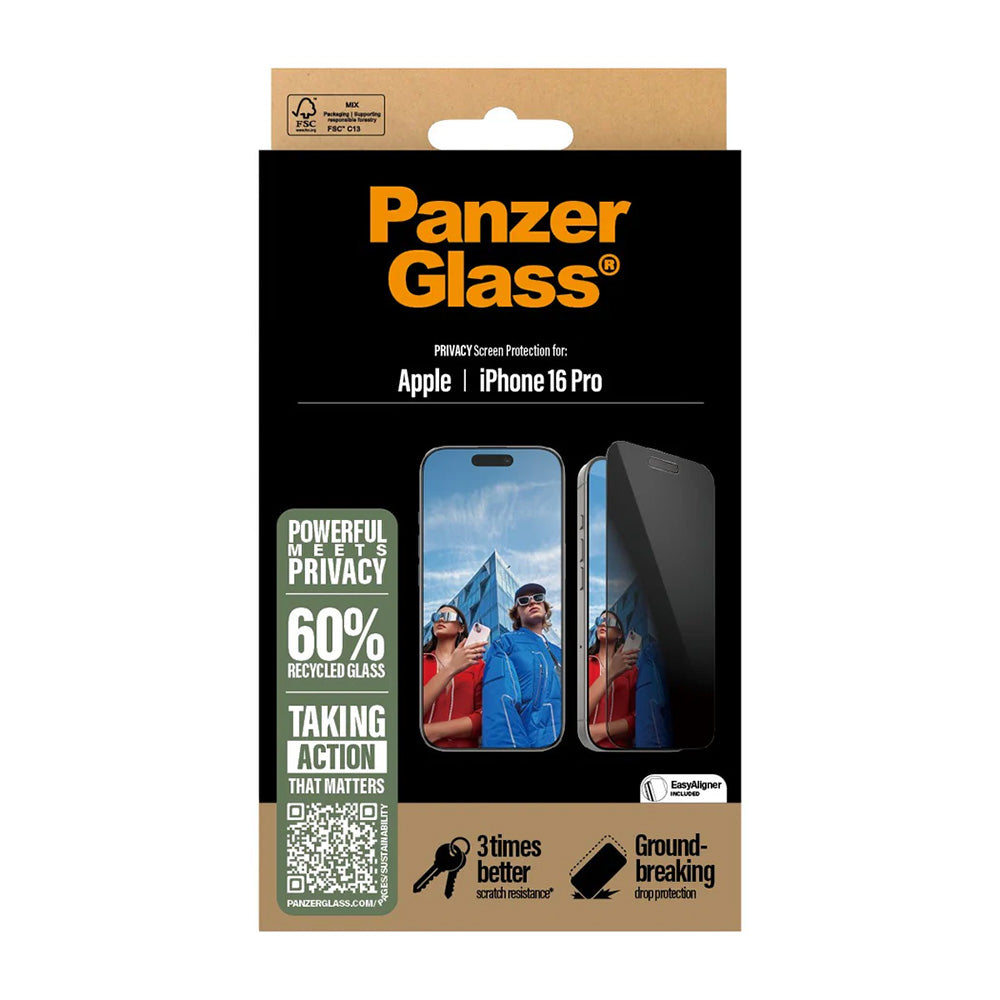 Beskyttelsesfolie Skjerm Privacy PanzerGlass Ultra-Wide Fit EasyAligner for Apple iPhone 16 Pro, Herdet Glass, Full Lim