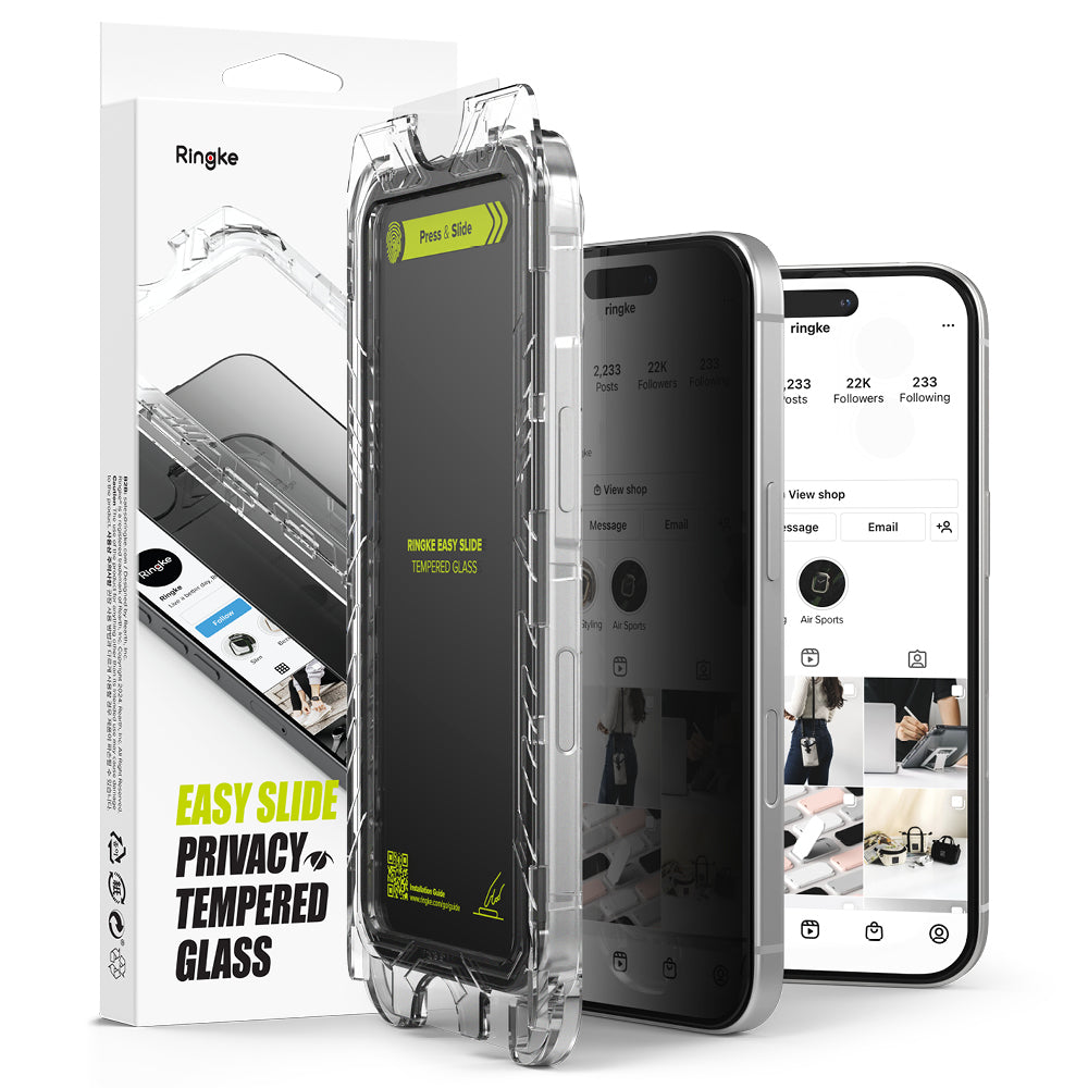 Skjermbeskytter Privacy Ringke Easy Slide for Apple iPhone 16 Plus / 15 Plus, Herdet Glass, Full Lim, Sett med 2 stykker