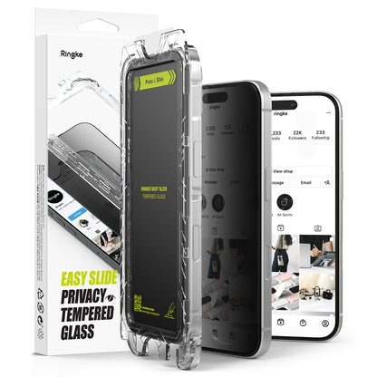 Skjermbeskytter Privacy Ringke Easy Slide for Apple iPhone 16 Plus / 15 Plus, Herdet Glass, Full Lim, Sett med 2 stykker