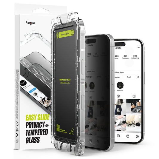 Skjermbeskytter Privacy Ringke Easy Slide for Apple iPhone 16 Plus / 15 Plus, Herdet Glass, Full Lim, Sett med 2 stykker