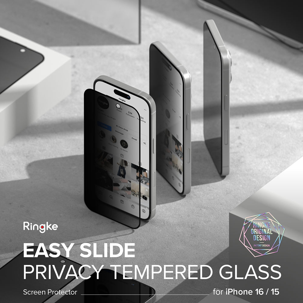Skjermbeskytter Privacy Ringke Easy Slide for Apple iPhone 16 Plus / 15 Plus, Herdet Glass, Full Lim, Sett med 2 stykker