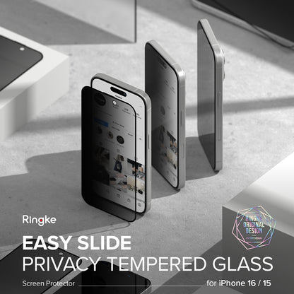 Skjermbeskytter Privacy Ringke Easy Slide for Apple iPhone 16 Plus / 15 Plus, Herdet Glass, Full Lim, Sett med 2 stykker