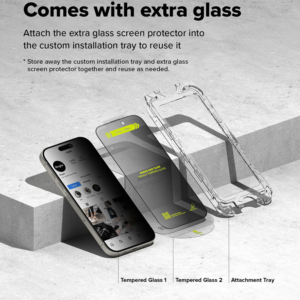Skjermbeskytter Privacy Ringke Easy Slide for Apple iPhone 16 Plus / 15 Plus, Herdet Glass, Full Lim, Sett med 2 stykker