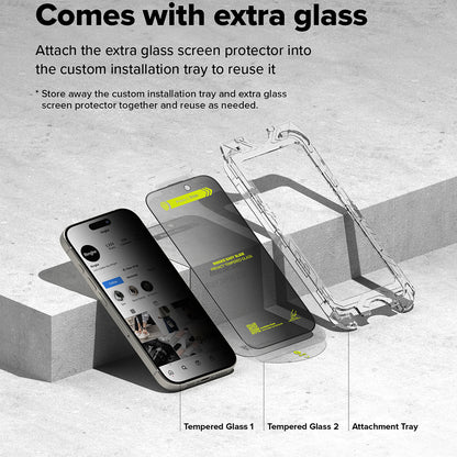 Skjermbeskytter Privacy Ringke Easy Slide for Apple iPhone 16 Plus / 15 Plus, Herdet Glass, Full Lim, Sett med 2 stykker