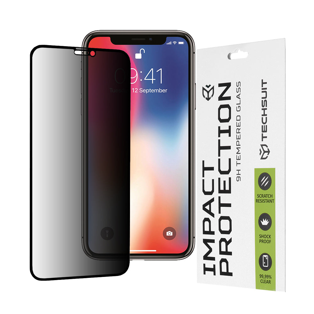 Privacy Techsuit skjermbeskyttelsesfilm for Apple iPhone 11 Pro / XS / X, Herdet glass, Full lim, 111D