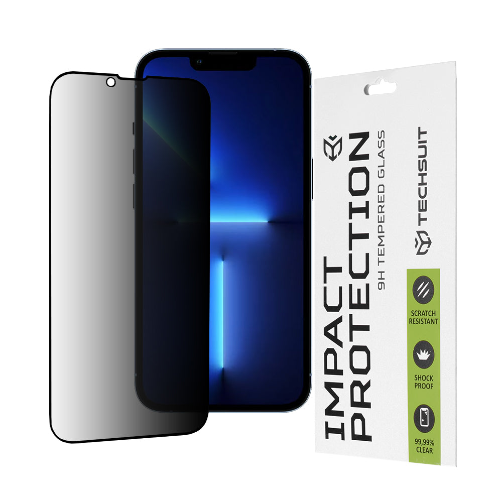 Privacy Techsuit skjermbeskyttelse for Apple iPhone 14 Plus / 13 Pro Max, Herdet glass, Full lim, 111D