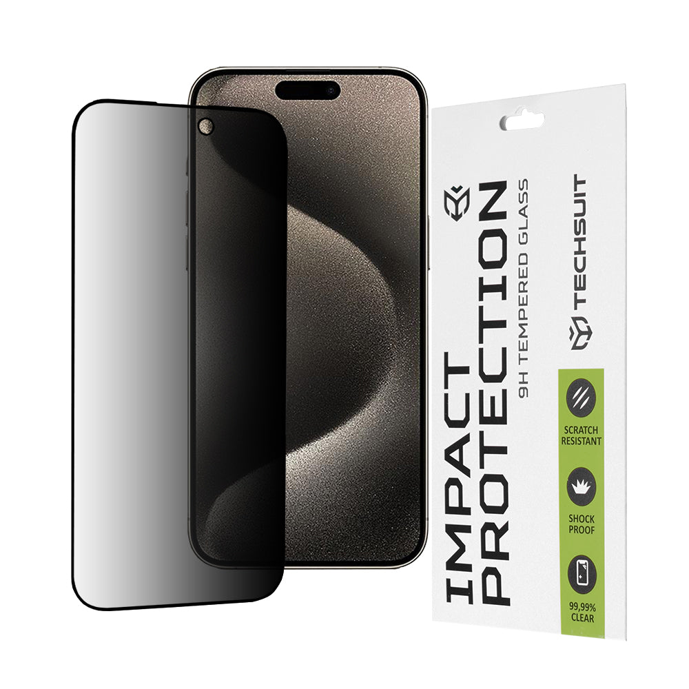 Privacy Techsuit skjermbeskyttelse for Apple iPhone 15 Pro Max, Herdet glass, Full lim, 111D