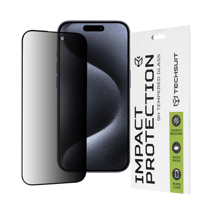 Privacy Techsuit skjermbeskyttelse for Apple iPhone 15 Pro, Herdet glass, Full lim, 111D