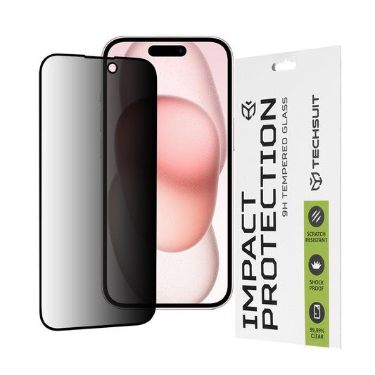 Privacy Techsuit skjermbeskyttelse for Apple iPhone 16 / 15, Herdet glass, Full lim, 111D