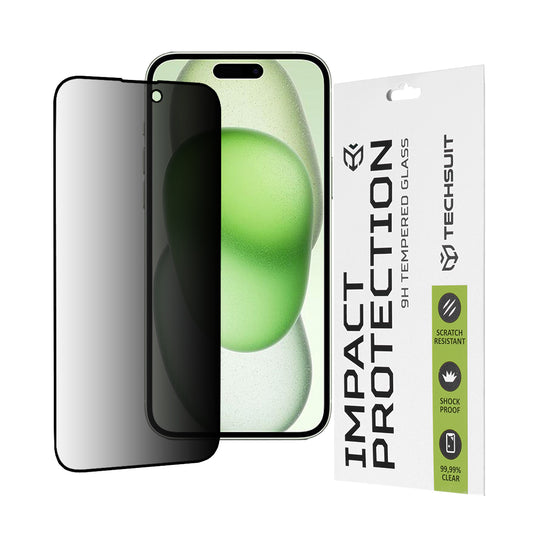 Privacy Techsuit skjermbeskyttelse for Apple iPhone 16 Plus / 15 Plus, Herdet glass, Full lim, 111D