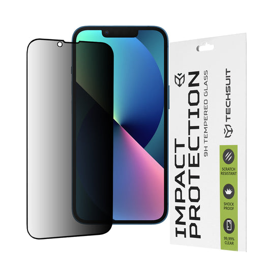 Privacy Techsuit skjermbeskyttelse for Apple iPhone 17e / 16e / 14 / 13 Pro, Herdet glass, Full lim, 111D