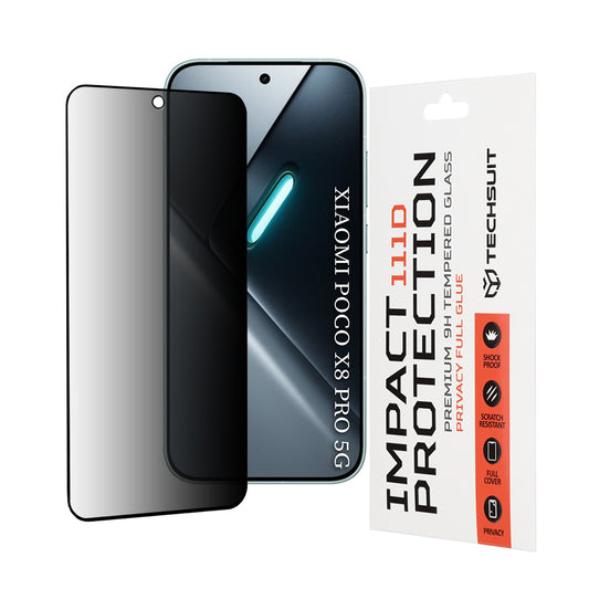 Beskyttelsesfilm Privacy Techsuit for Xiaomi Poco X8 Pro, Herdet glass, Full lim, 111D