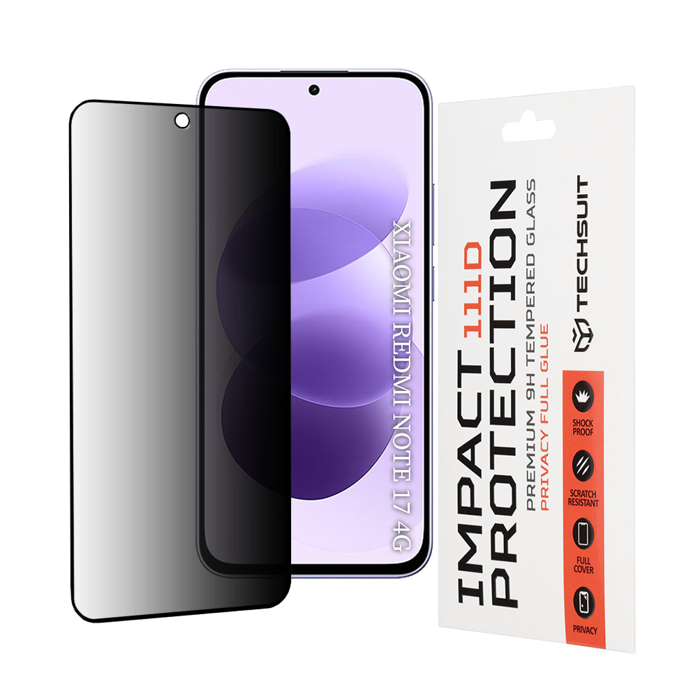 Techsuit Privacy-skjermbeskytter for Xiaomi Redmi Note 17 4G / Note 17 5G, herdet glass, full limflate, 111D