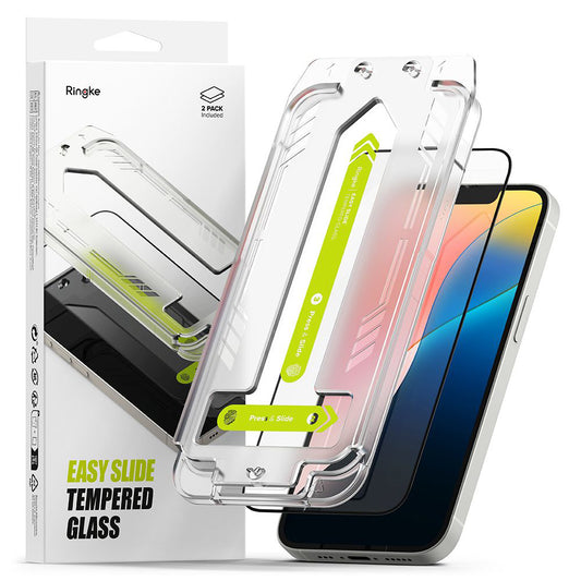 Ringke Easy Slide skjermbeskyttelse for Apple iPhone 17e / 16e / 14 / 13 Pro, Herdet glass, Full lim, Sett med 2 stk, Svart