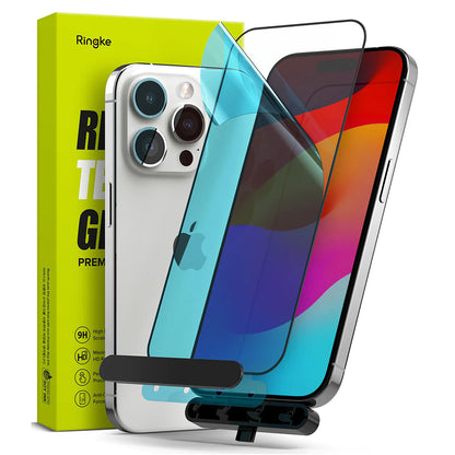 Ringke skjermbeskyttelse for Apple iPhone 15 Pro, Herdet glass, Full lim, Svart