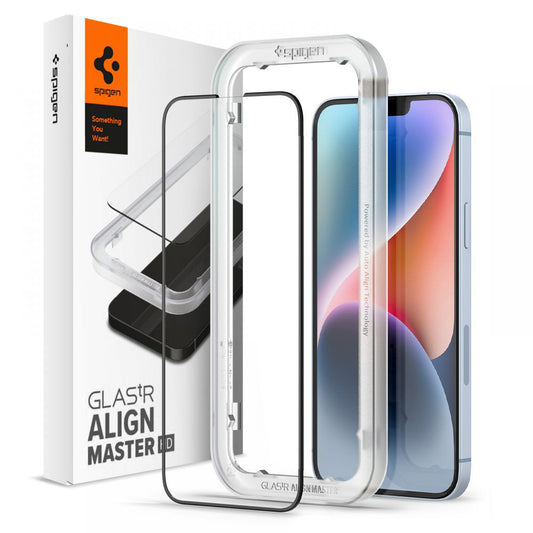 Skjermbeskyttelsesfolie Spigen GlastR Align Master for Apple iPhone 17e / 16e / 14 / 13 Pro, Herdet Glass, Full Lim, Svart AGL03725