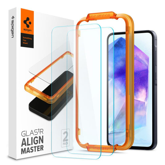 Skjermbeskyttelsesfilm Spigen GlastR Align Master for Samsung Galaxy A55 5G A556, Herdet glass, Full lim, Sett med 2 stk AGL07775