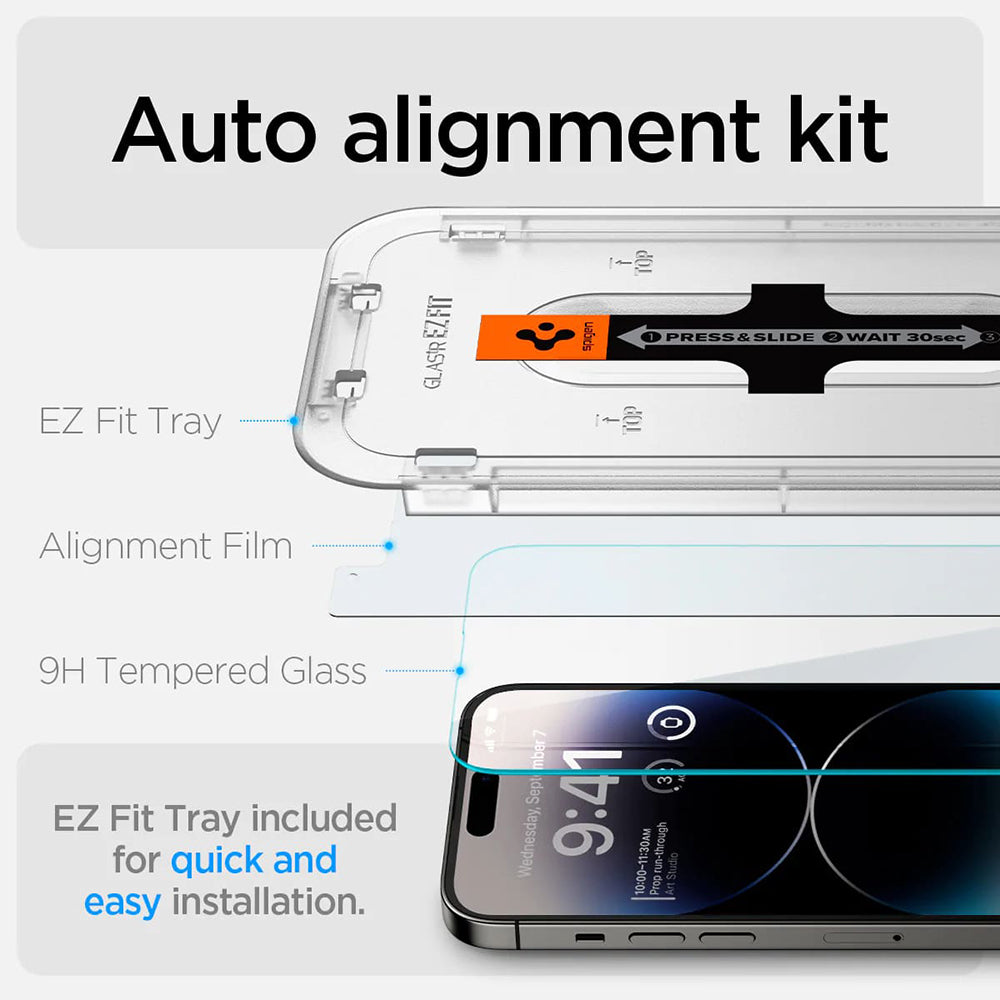 Skjermbeskyttelsesfolie Spigen GlastR EZ FIT for Apple iPhone 14 Pro, Herdet glass, Full lim, Sett med 2 stykker