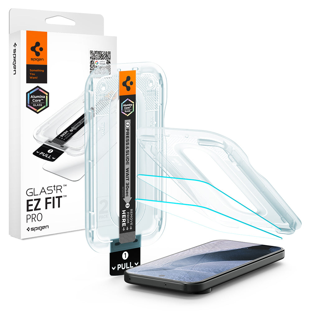 Skjermbeskyttelse Spigen GlastR EZ FIT Pro for Google Pixel 11 Pro / 11, Herdet glass, Full lim, Sett med 2 stk AGL11480
