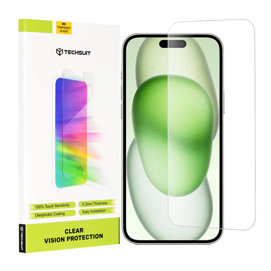 Techsuit Clear Vision skjermbeskyttelsesfilm for Apple iPhone 16 Plus / 15 Plus / 15 Pro Max, herdet glass, full lim
