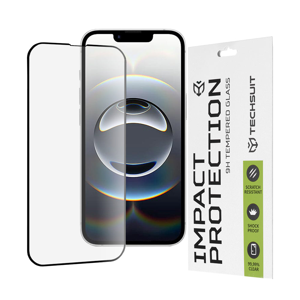 Techsuit M1 skjermbeskyttelsesfilm for Apple iPhone 17e / 16e / 14 / 13 Pro, Herdet glass, Full lim, 111D, Svart