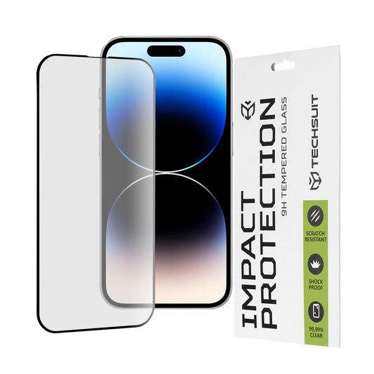 Techsuit skjermbeskyttelse for Apple iPhone 14 Pro, Herdet glass, Full lim, 111D, Svart