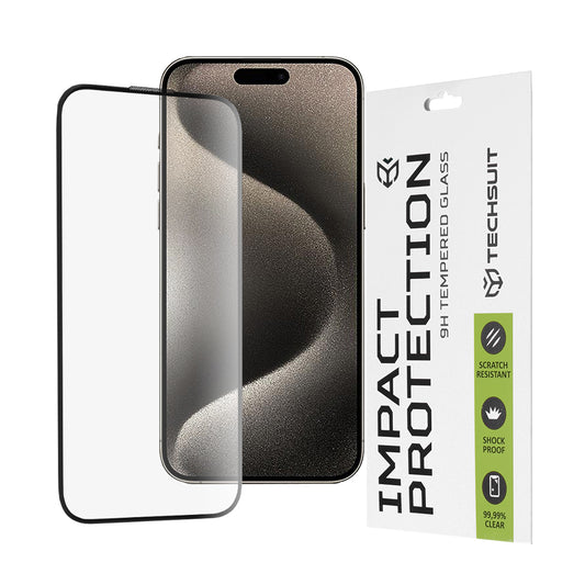 Techsuit skjermbeskyttelse for Apple iPhone 15 Pro Max, Herdet glass, Full lim, 111D, Svart
