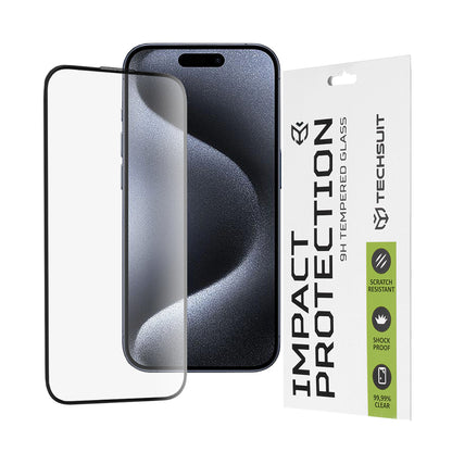 Techsuit skjermbeskyttelse for Apple iPhone 16 / 15 Pro, Herdet glass, Full lim, 111D, Svart
