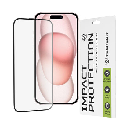 Techsuit skjermbeskyttelse for Apple iPhone 16 / 15, Herdet glass, Full lim, 111D, Svart