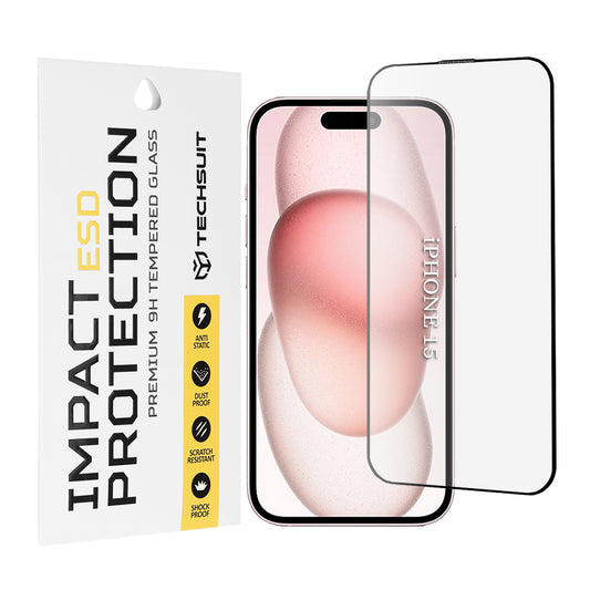 Techsuit skjermbeskyttelsesfilm for Apple iPhone 16 / 15, Herdet glass, Full lim, Svart