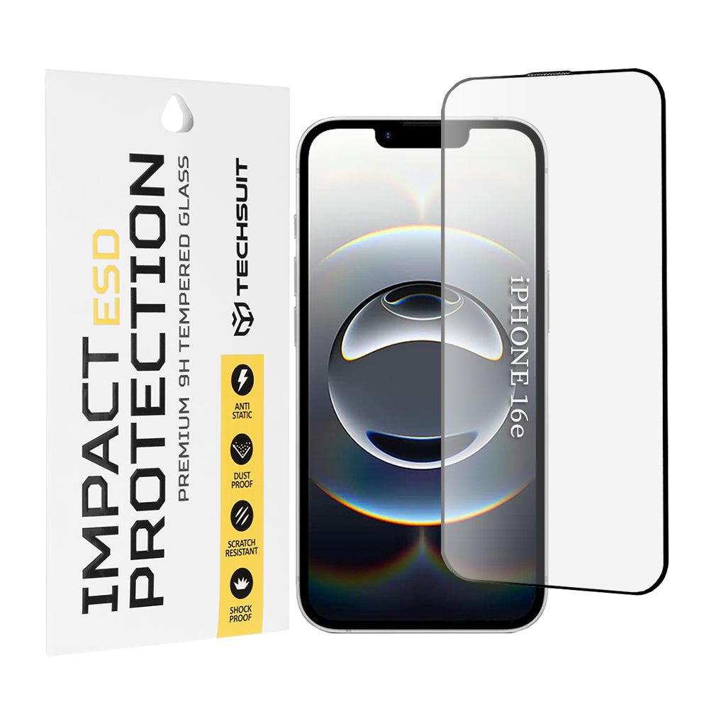Techsuit skjermbeskyttelsesfilm for Apple iPhone 17e / 16e, Herdet glass, Full lim, Svart