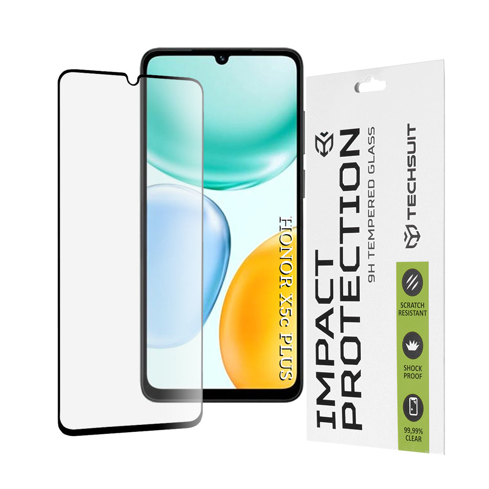 Skjermbeskytter Techsuit for Honor X5c Plus, Herdet Glass, Full Glue, 111D, Svart