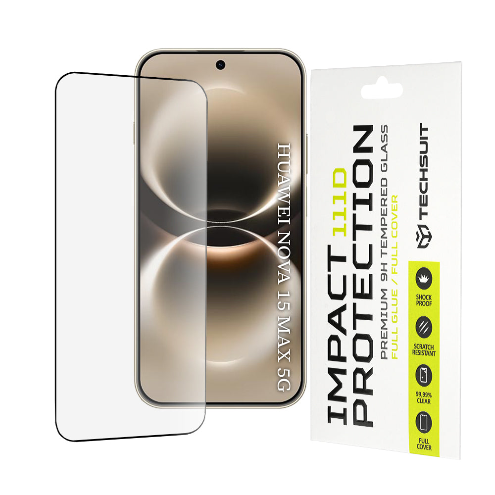 Techsuit skjermbeskyttelsesfilm for Huawei nova 15 Max, Herdet glass, Full lim, 111D, Svart