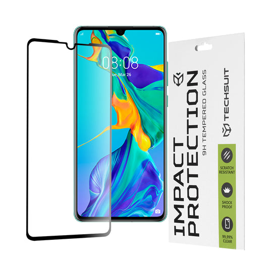 Techsuit skjermbeskyttelse for Huawei P30, Herdet glass, Full lim, 111D, Svart