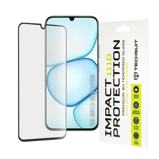 Techsuit skjermbeskyttelse for Realme C100 5G, Herdet glass, Full lim, 111D, Svart