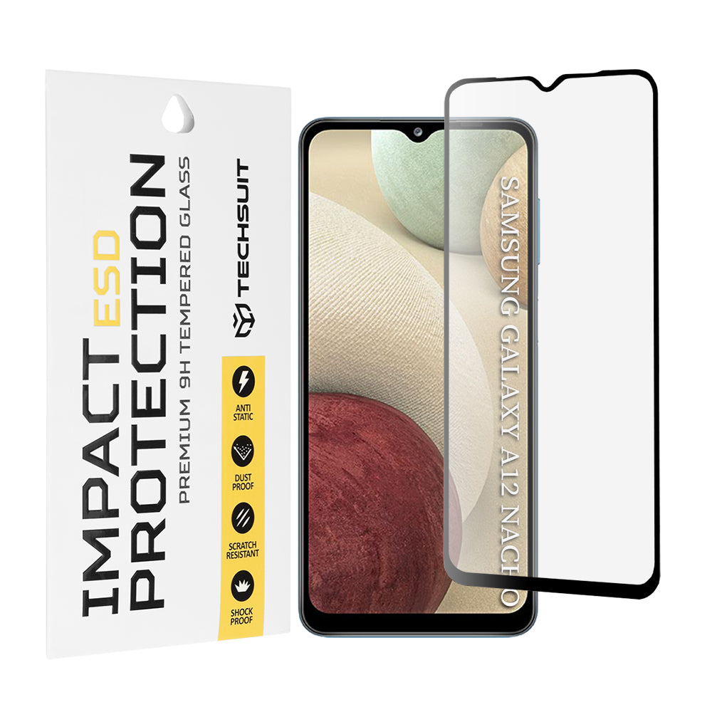 Techsuit skjermbeskyttelsesfilm for Samsung Galaxy F12 F127 / A12 Nacho A127 / M02 M022 / M12 M127, Herdet glass, Full lim, Svart