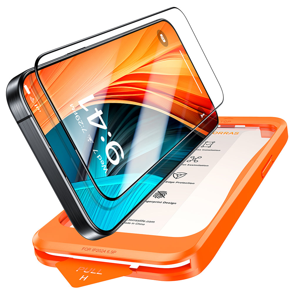 Torras GlassGo Install Master skjermbeskyttelsesfilm for Apple iPhone 16 Pro Max, Herdet glass, Full lim, Svart