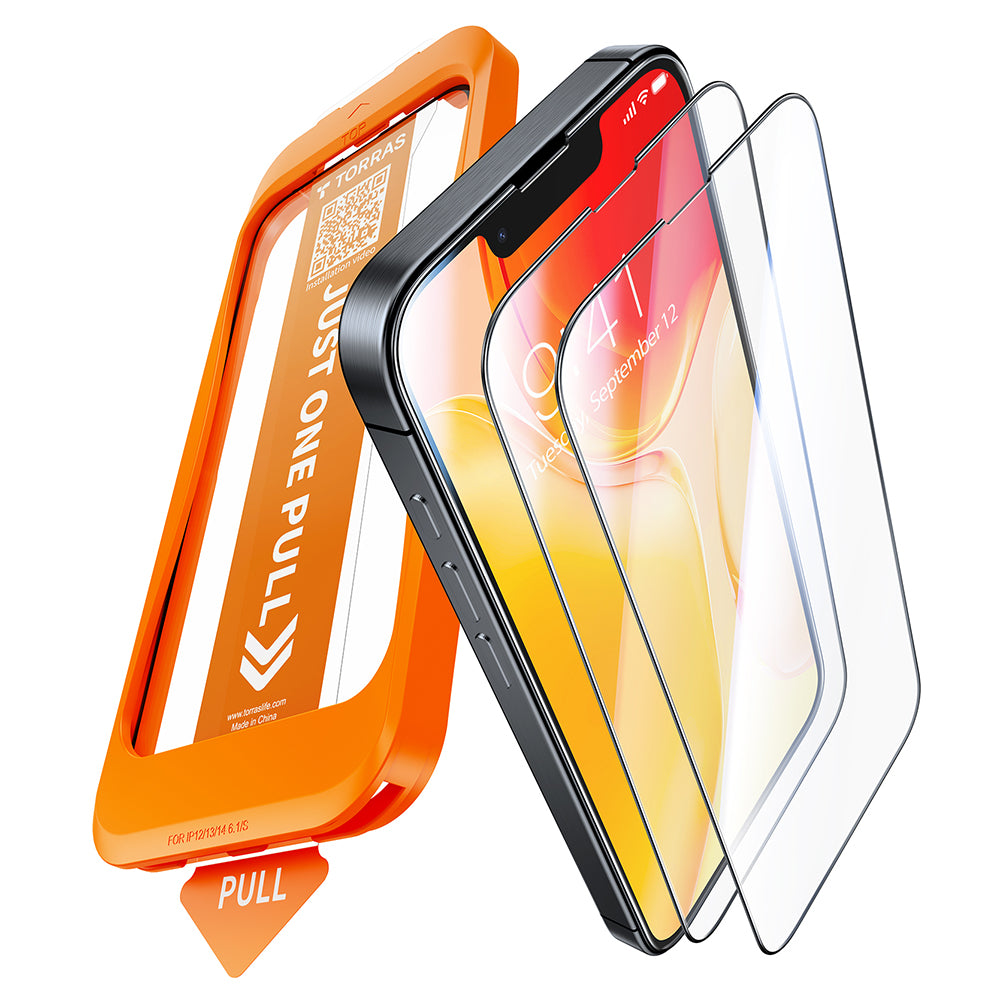 Torras GlassGo Install Master skjermbeskyttelsesfilm for Apple iPhone 17e / 16e / 14 / 13 Pro, Herdet glass, Full lim, Sett med 2 stk