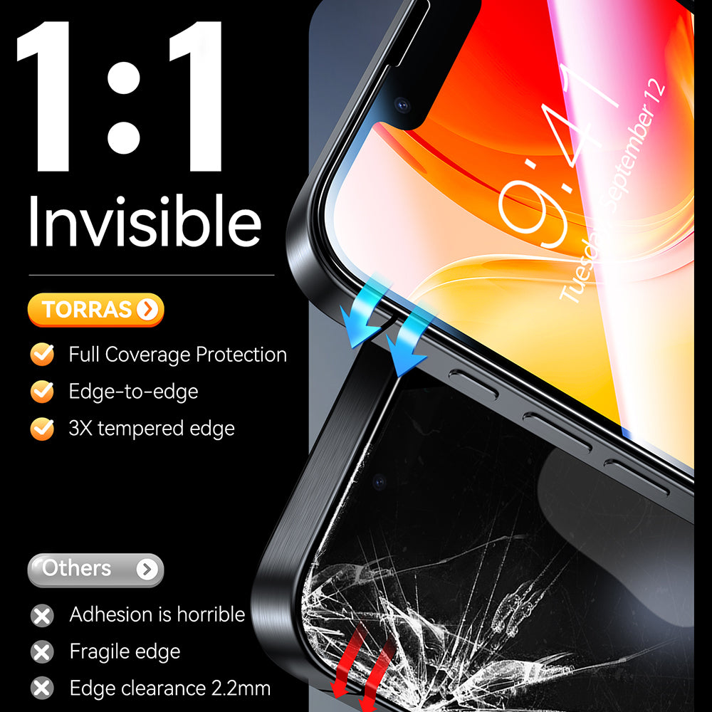 Torras GlassGo Install Master skjermbeskyttelsesfilm for Apple iPhone 17e / 16e / 14 / 13 Pro, Herdet glass, Full lim, Sett med 2 stk